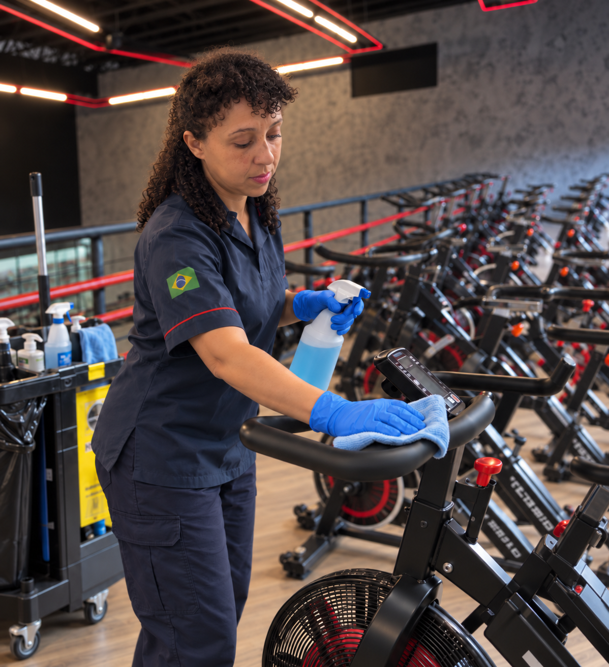 Profissional da Haja Clean higienizando equipamentos em uma academia parceira