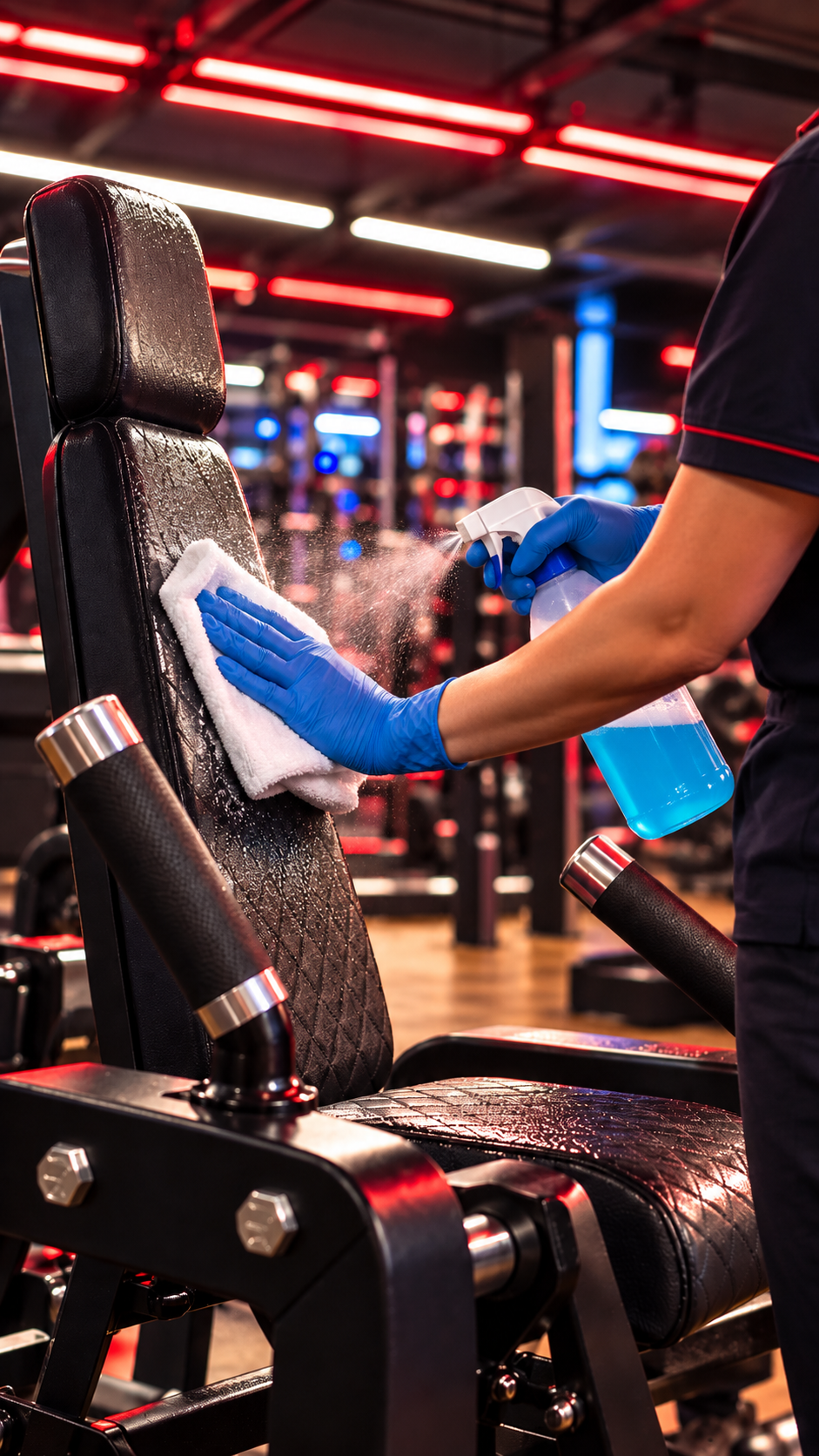Profissional da Haja Clean higienizando bicicletas de spinning em uma academia parceira